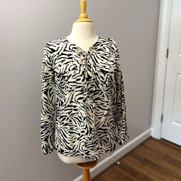 Michael Kors Animal Print Lace Front Blouse Size PL - Picture 1 of 12